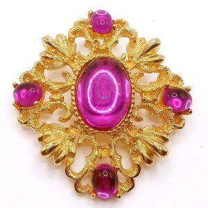 Vintage Brooch Victorian Style Gold-Tone Metal Jelly Belly Purple Cabochon Pin